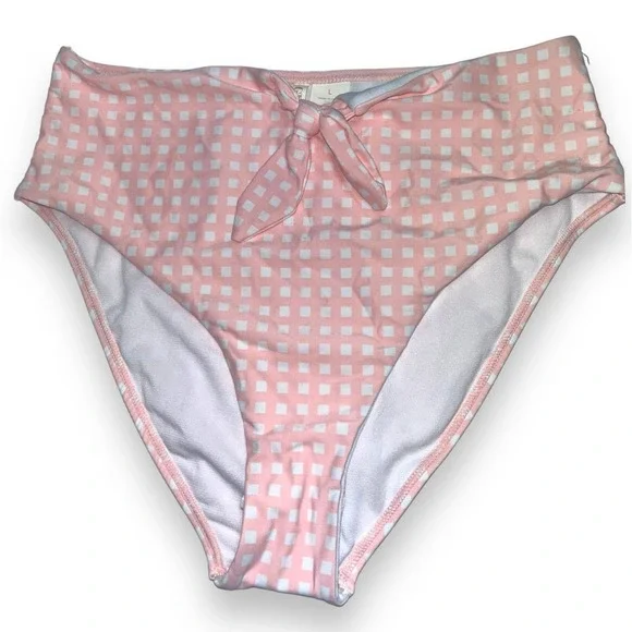 GB Gianna Bini High-Waist w/ Tie Bikini Bottoms | Pink White Check | Sz L, NEW - Picture 7 of 8